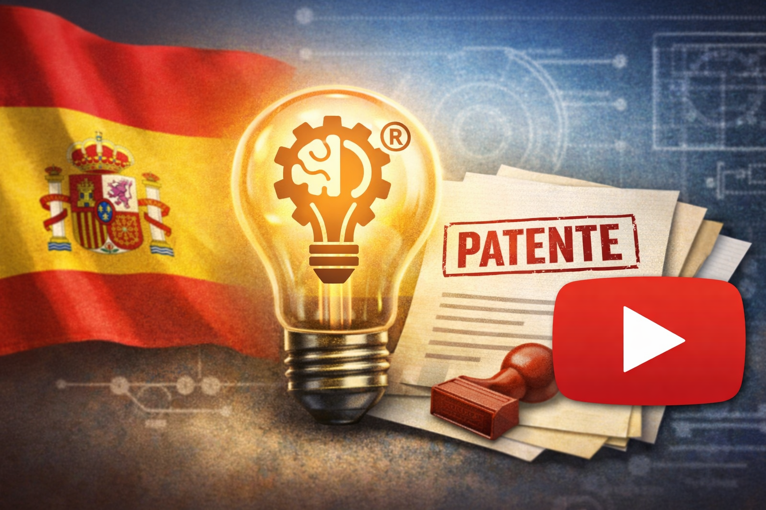 Patente en España explicación en vídeo con bandera española y documento de patente