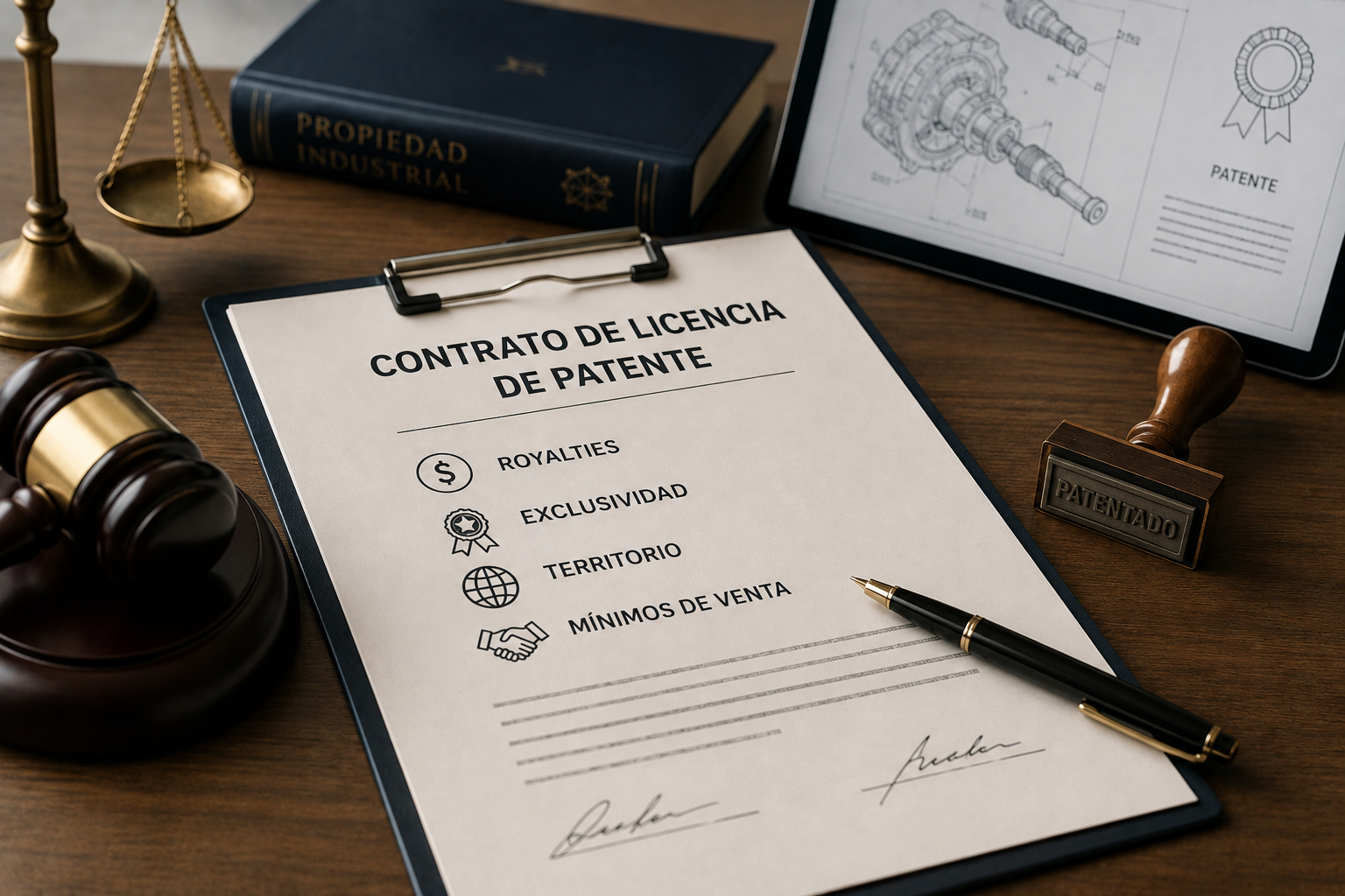 Contrato de licencia de patente con royalties, exclusividad, territorio y mínimos de venta